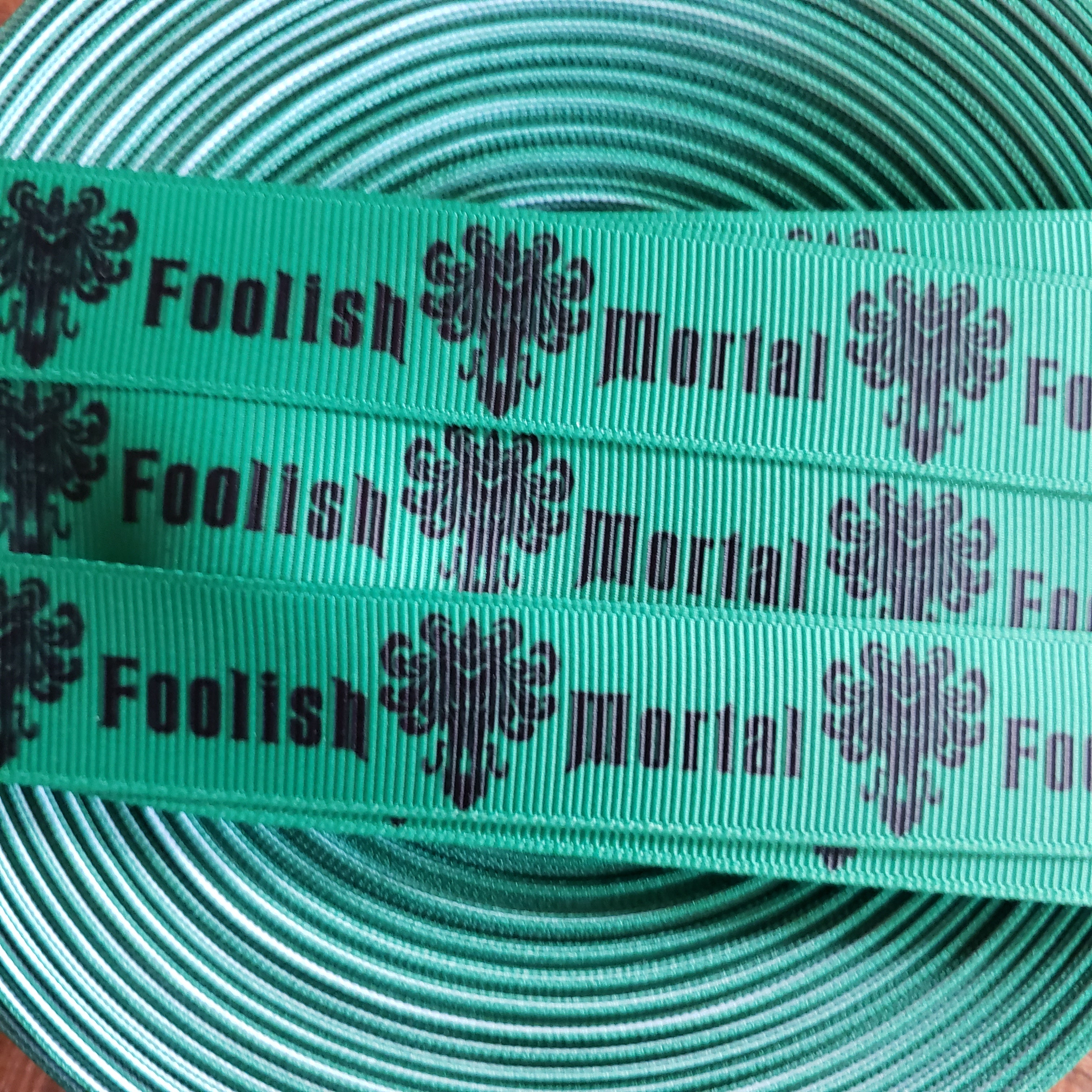 7/8" Green Foolish Mortal Printed Grosgrain Ribbon