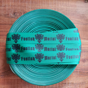 7/8" Green Foolish Mortal Printed Grosgrain Ribbon