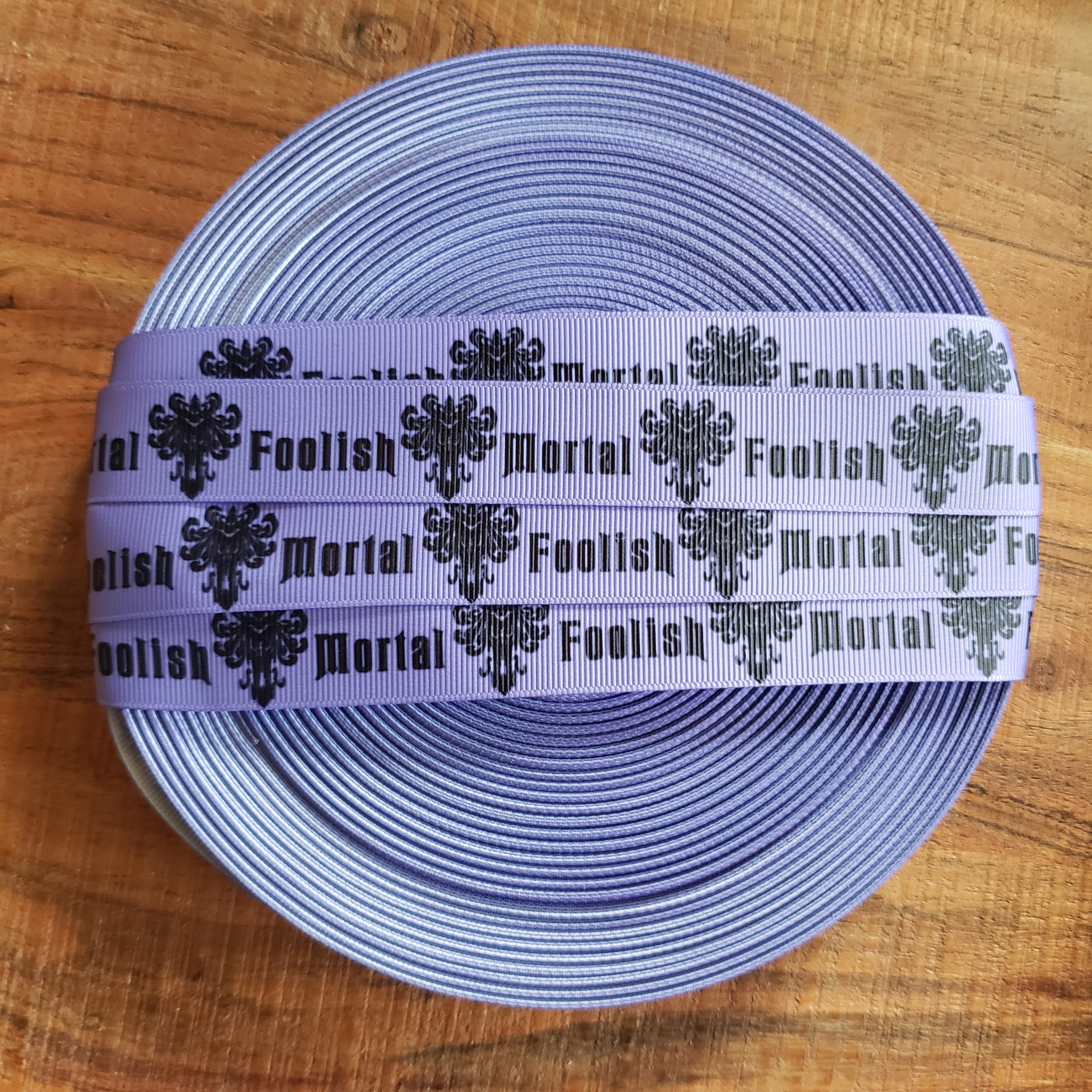 7/8" Purple Foolish Mortal Printed Grosgrain Ribbon