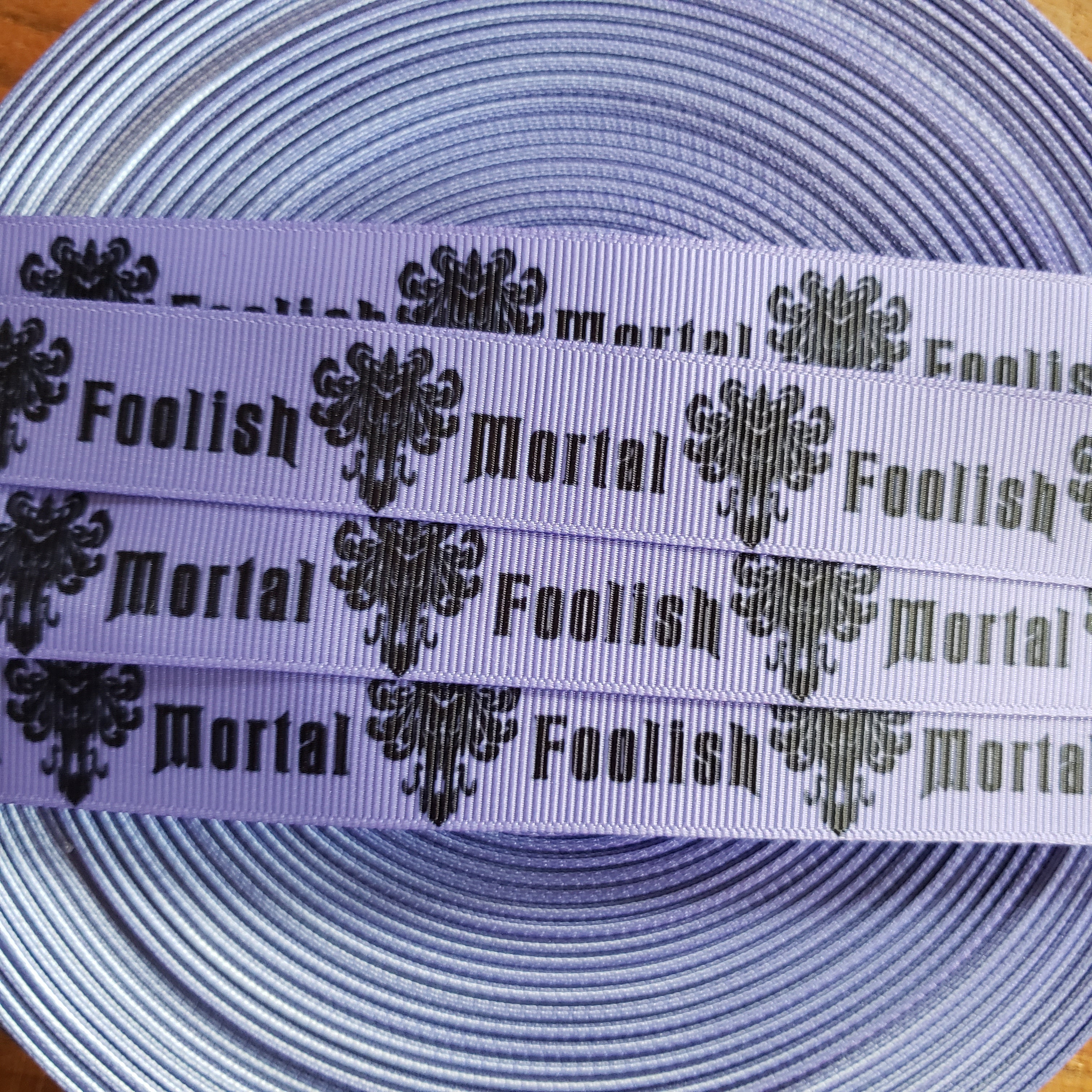 7/8" Purple Foolish Mortal Printed Grosgrain Ribbon