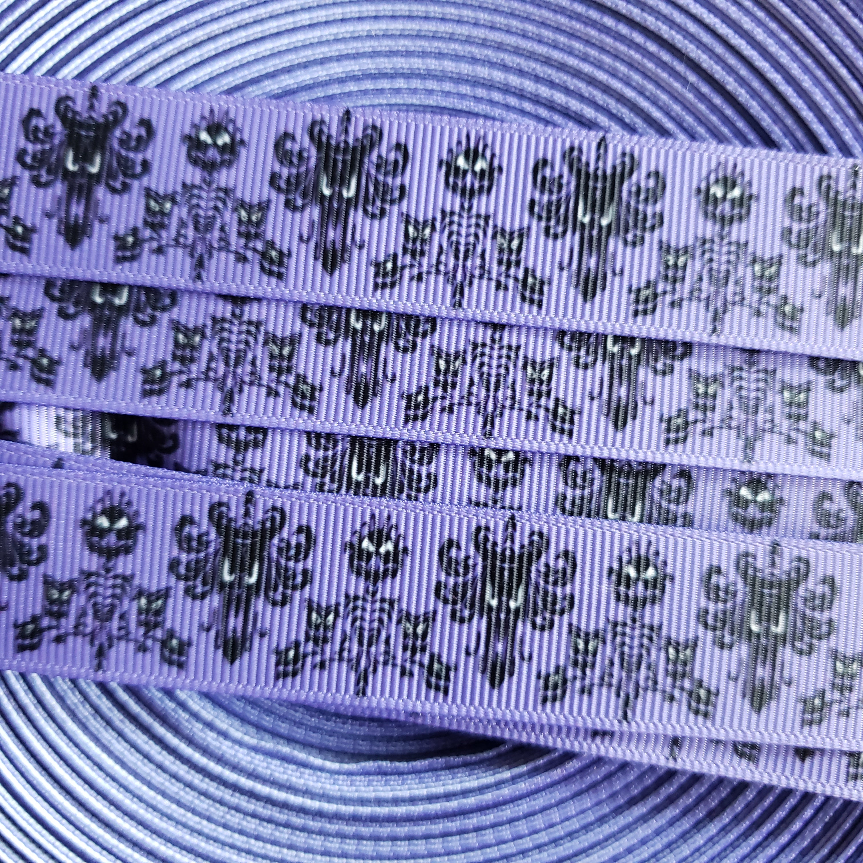 7/8" Purple Haunted Mansion Foolish Mortals Printed Grosgrain Ribbon