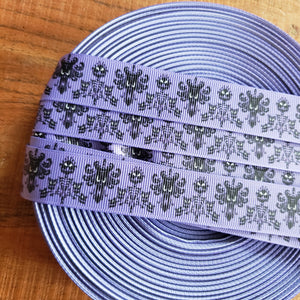 7/8" Purple Haunted Mansion Foolish Mortals Printed Grosgrain Ribbon