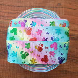 1.5" Rainbow Glitter Mouse Printed Grosgrain Ribbon