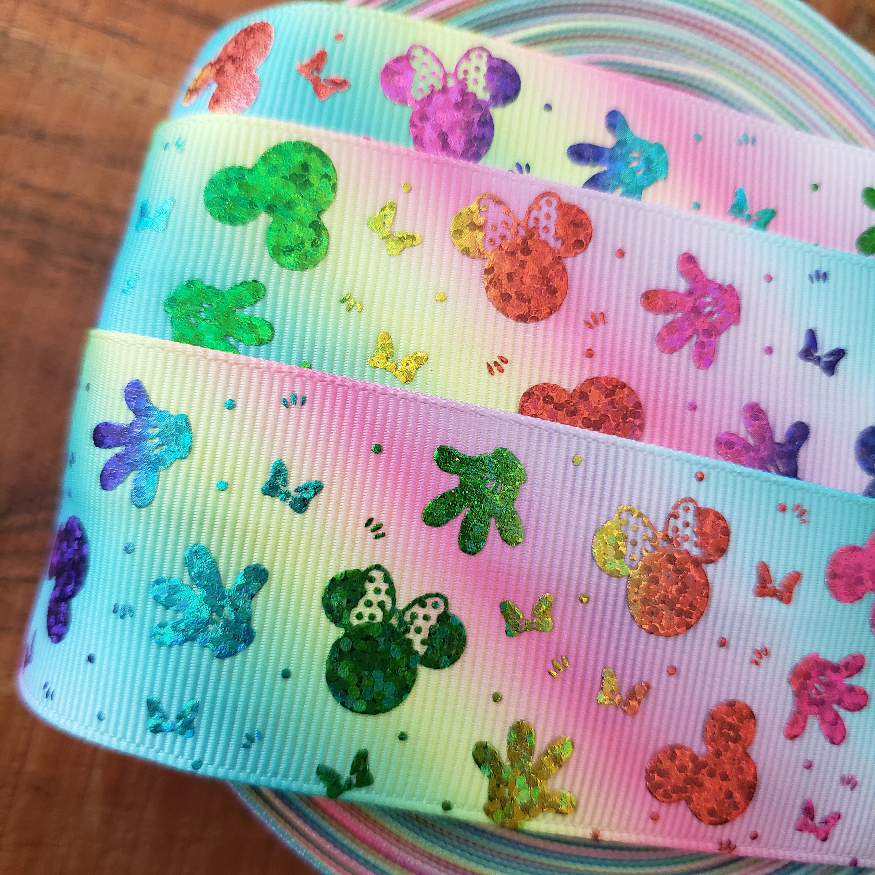 1.5" Rainbow Glitter Mouse Printed Grosgrain Ribbon