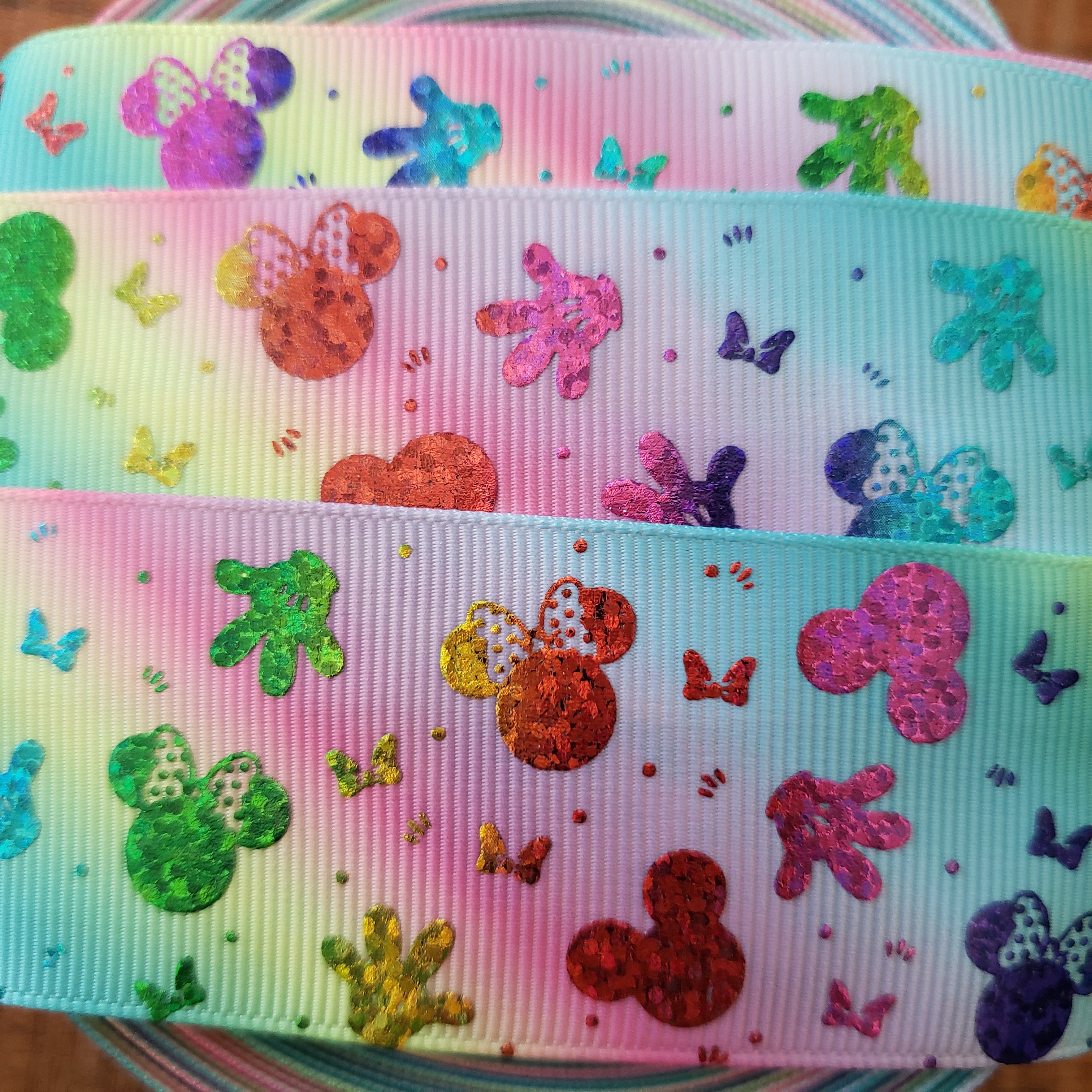 1.5" Rainbow Glitter Mouse Printed Grosgrain Ribbon