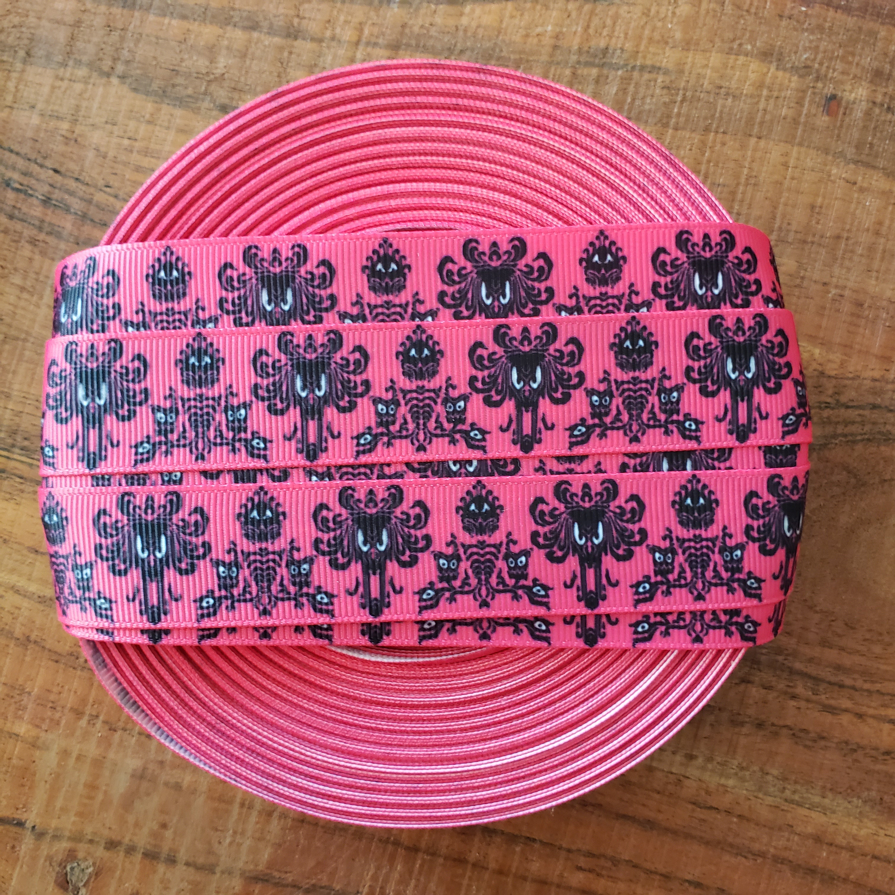 7/8" Pink Haunted Mansion Foolish Mortals Printed Grosgrain Ribbon