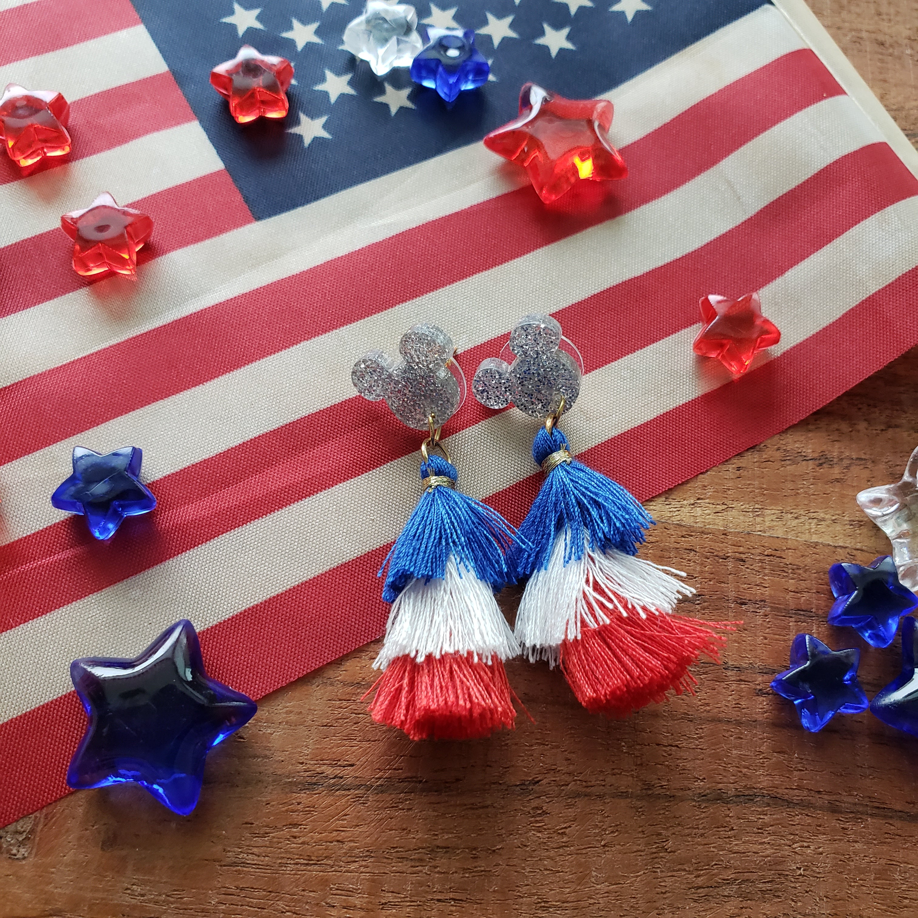 4th of July Silver Mouse Drop Earrings