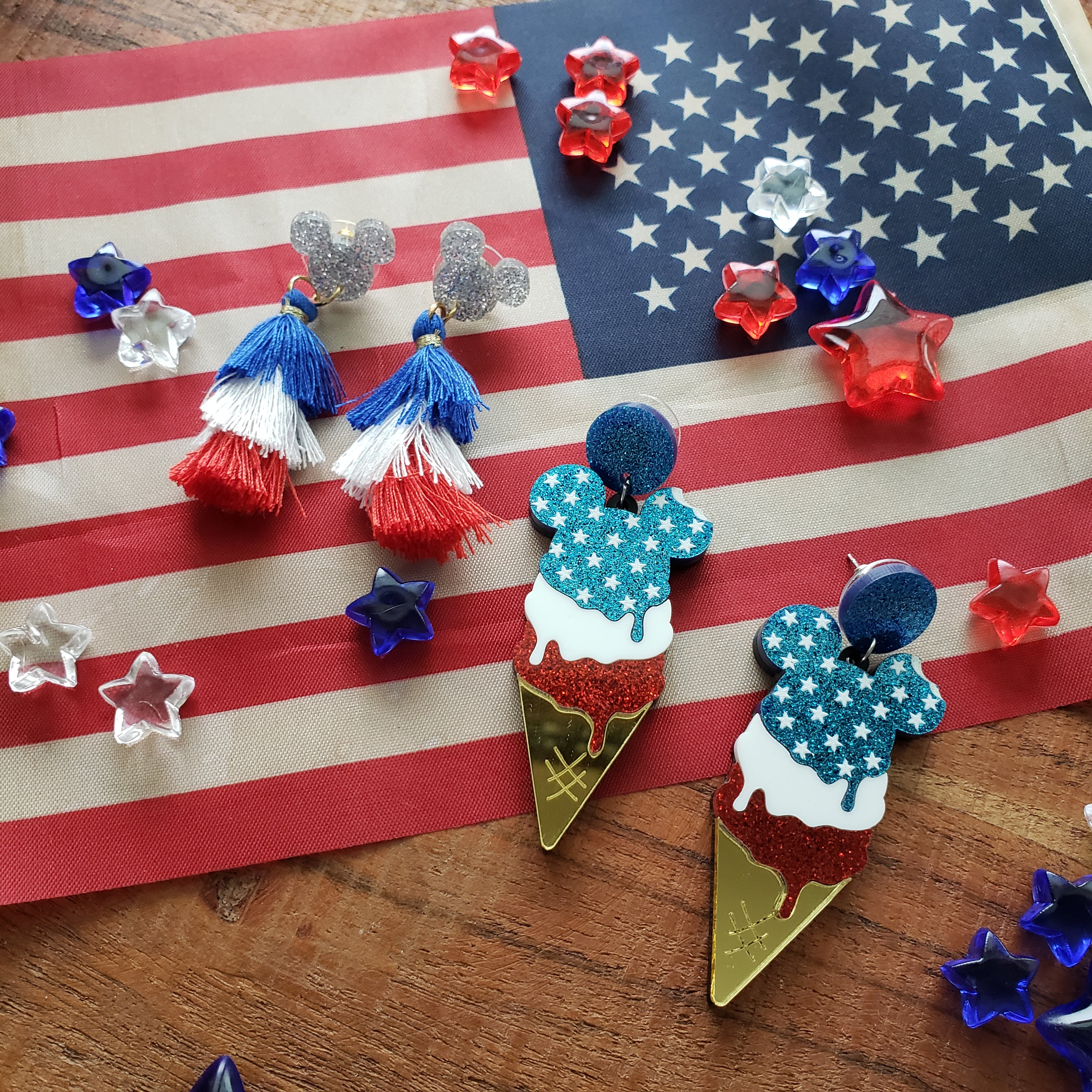 4th of July Silver Mouse Drop Earrings