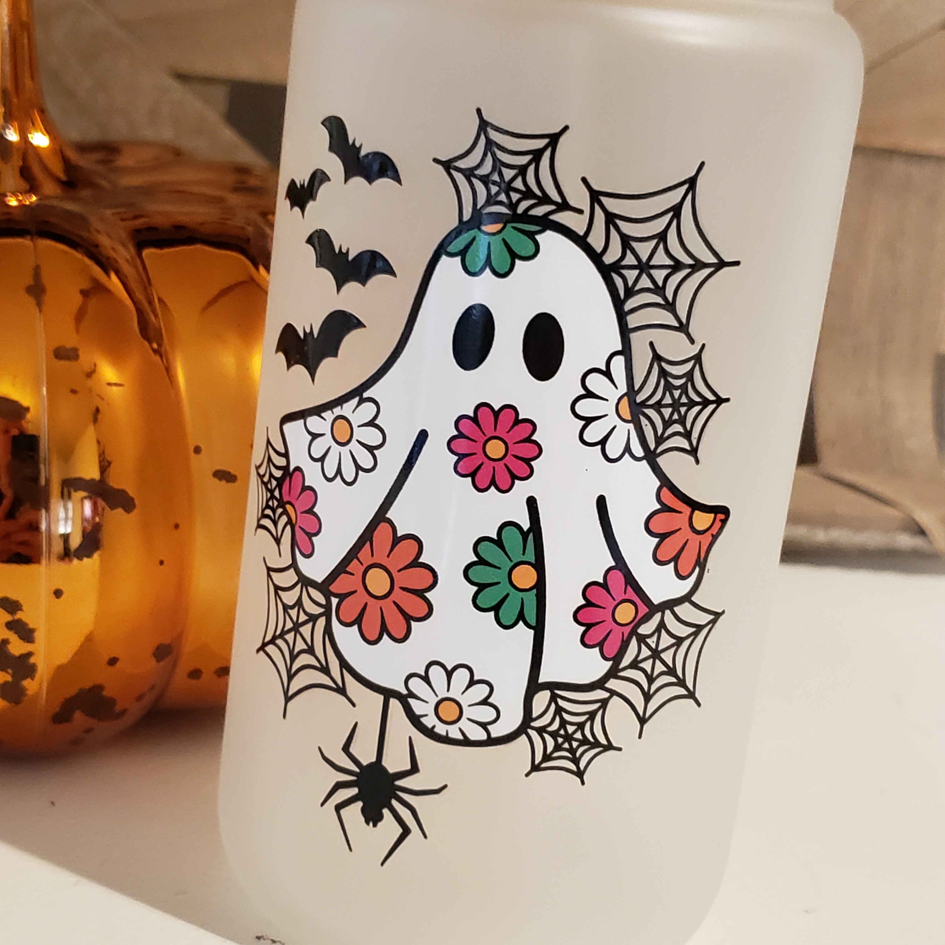 18oz Frosted Floral Ghost Glass Can Cup