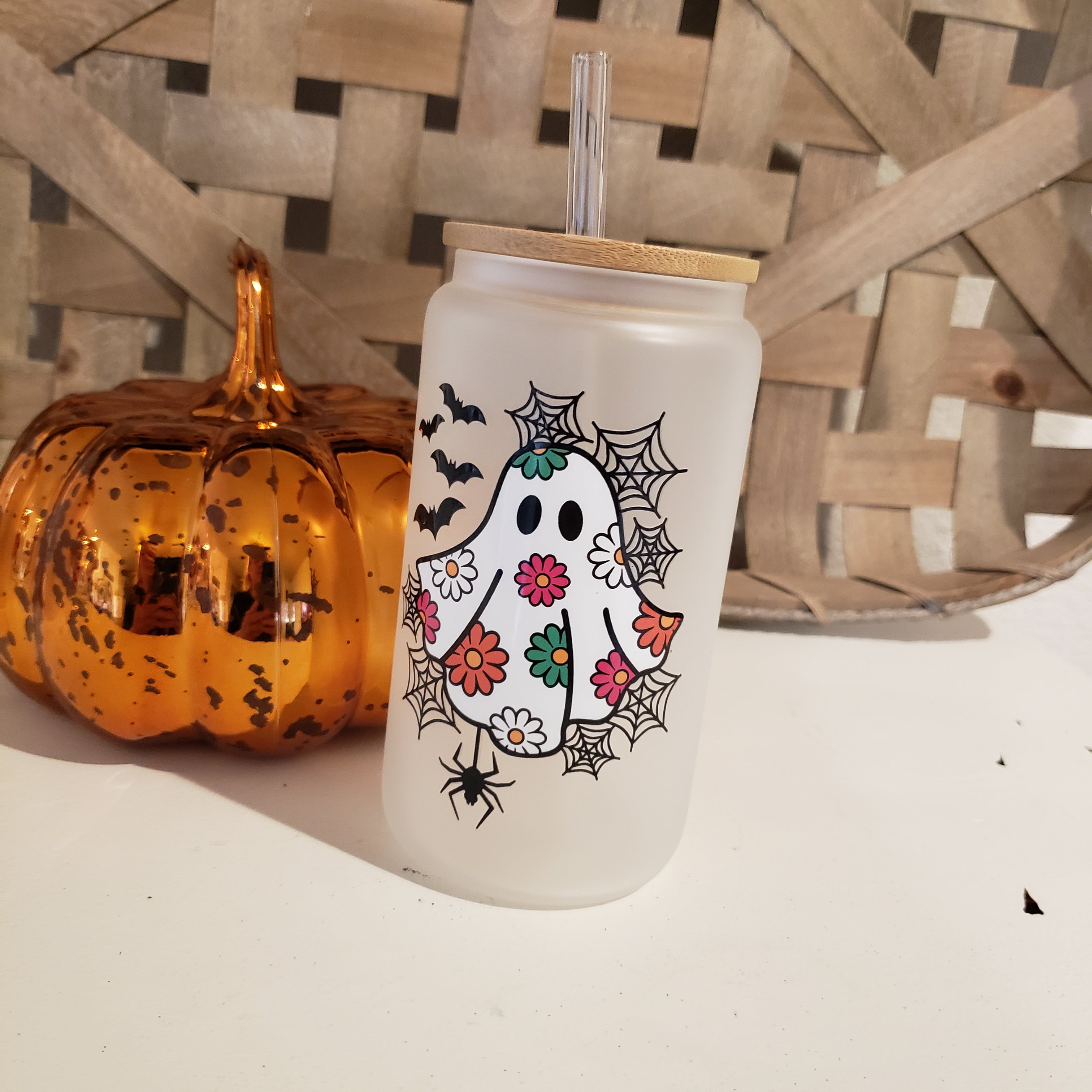 18oz Frosted Floral Ghost Glass Can Cup