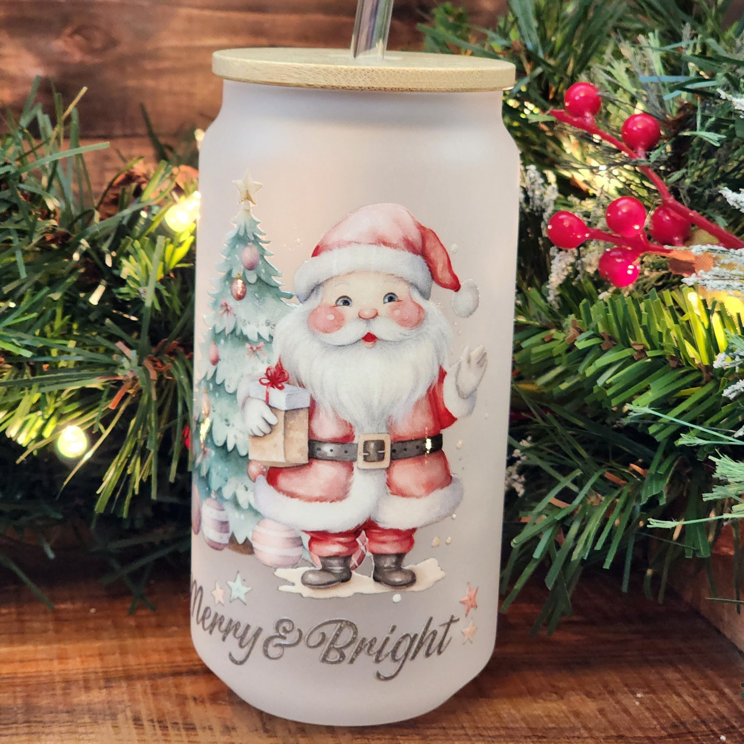 16oz Merry and Bright Santa Glass Can Cup