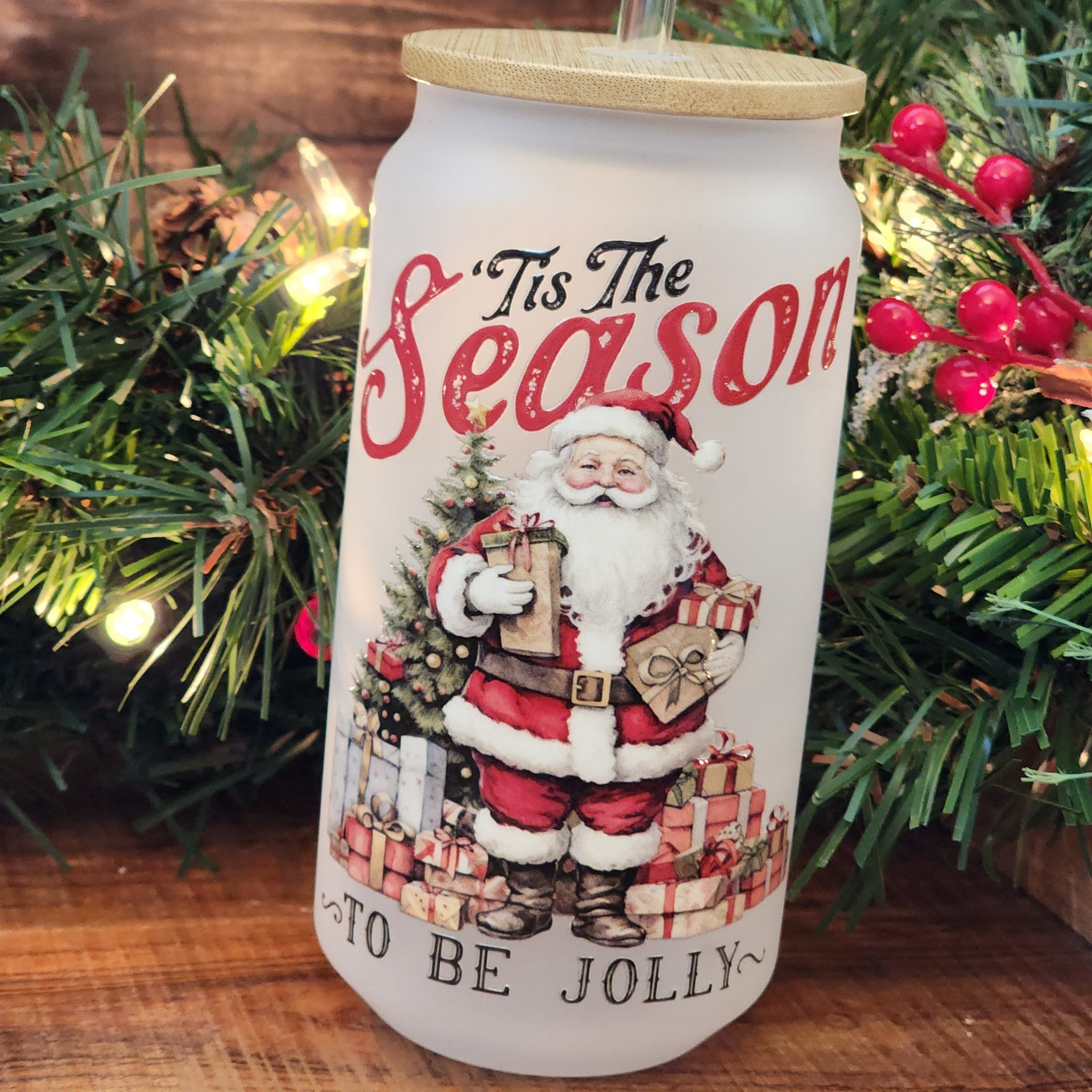 18oz Tis The Season Santa Glass Can Cup