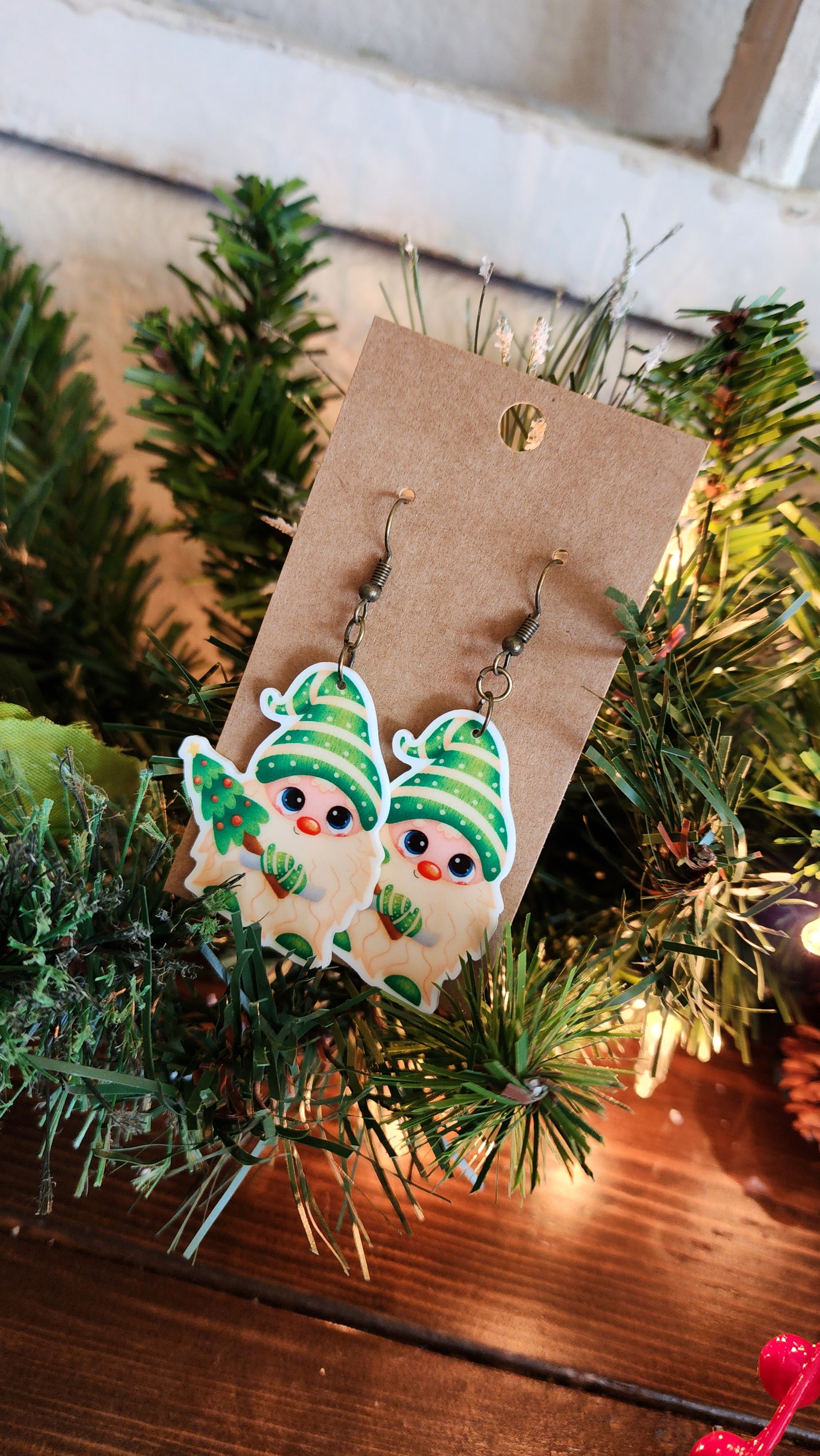 Green Christmas Gnome Drop Earrings