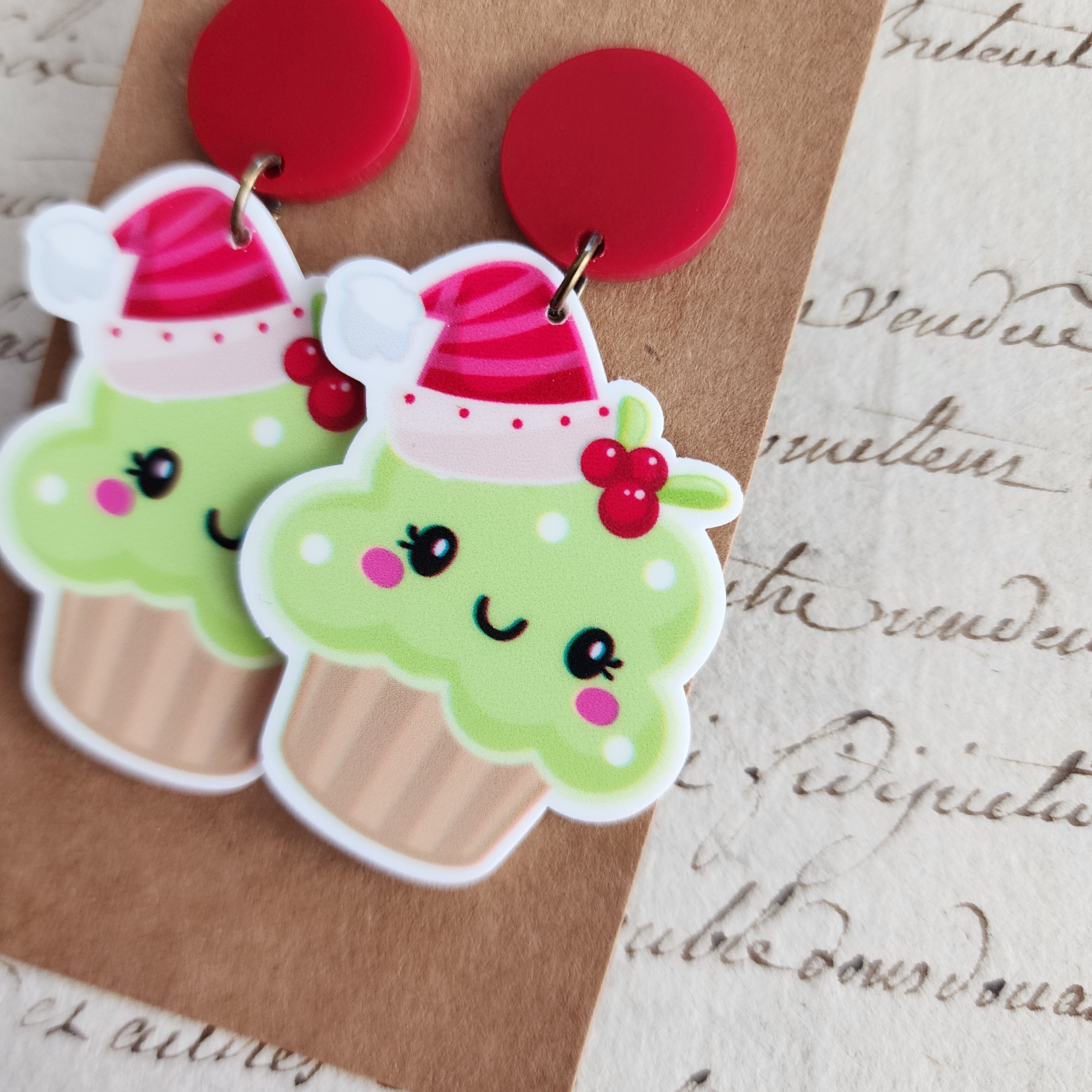 Frosted Green Christmas Cupcake Drop Earrings