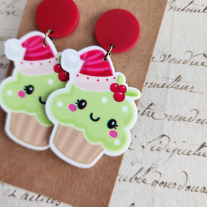 Frosted Green Christmas Cupcake Drop Earrings
