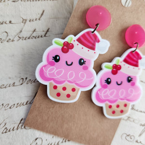 Frosted Pink Christmas Cupcake Drop Earrings