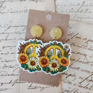 Sunflower Peace Sign Drop Earrings