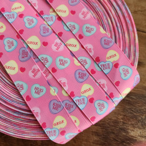 1" Pink Conversation Hearts Printed Grosgrain Ribbon