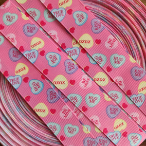 1" Pink Conversation Hearts Printed Grosgrain Ribbon