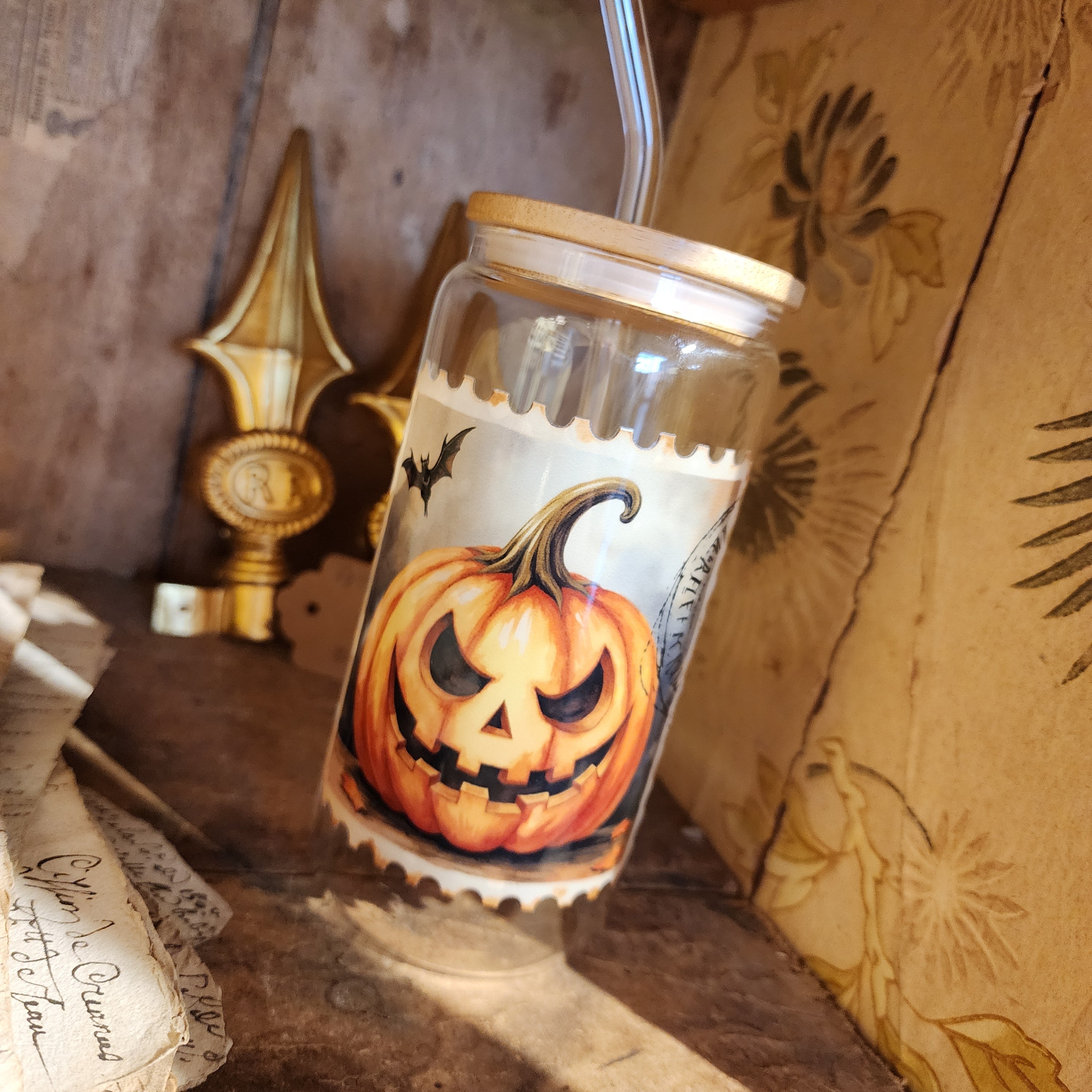 16oz Jack-o-Lantern Stamp Glass Can Cup