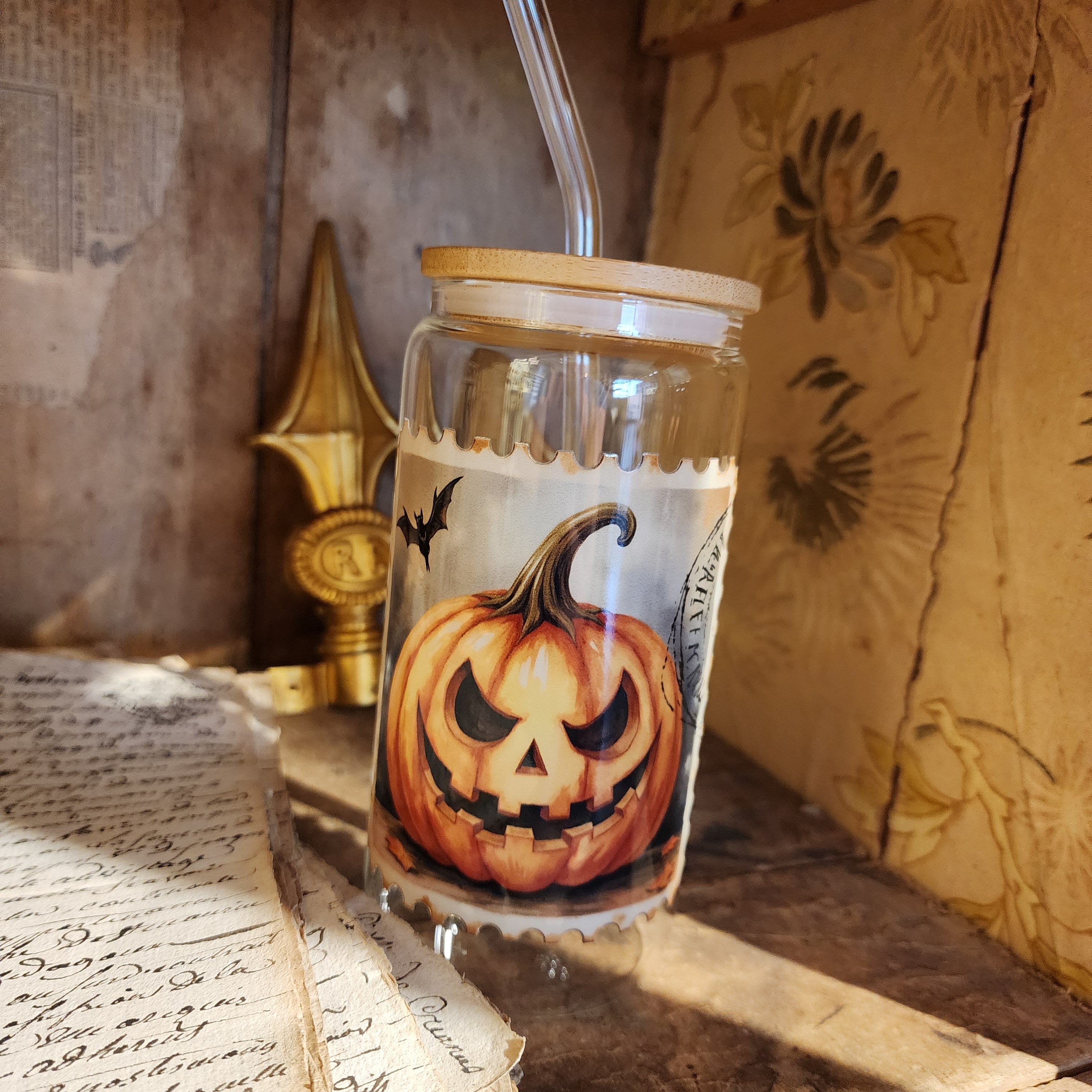 16oz Jack-o-Lantern Stamp Glass Can Cup