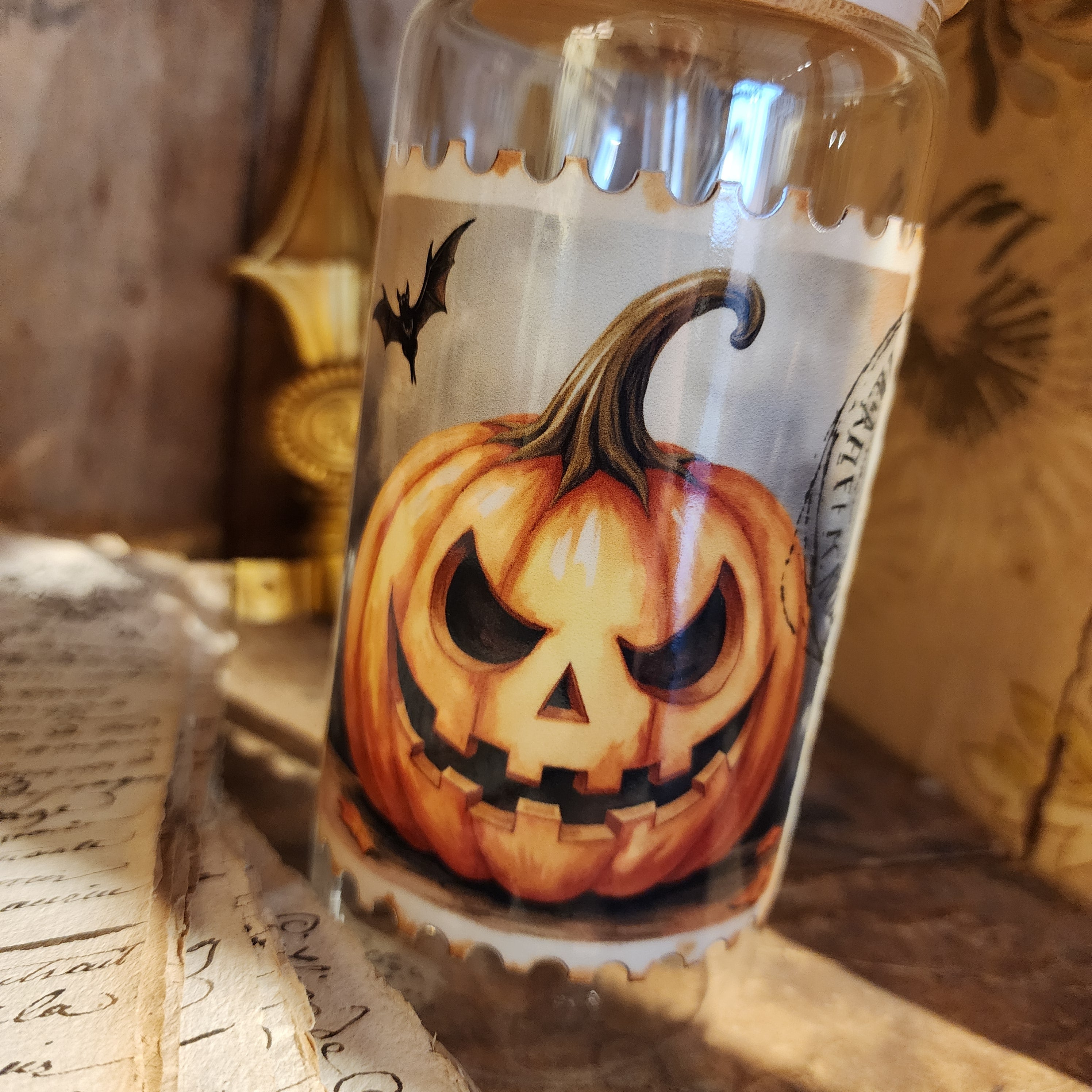 16oz Jack-o-Lantern Stamp Glass Can Cup