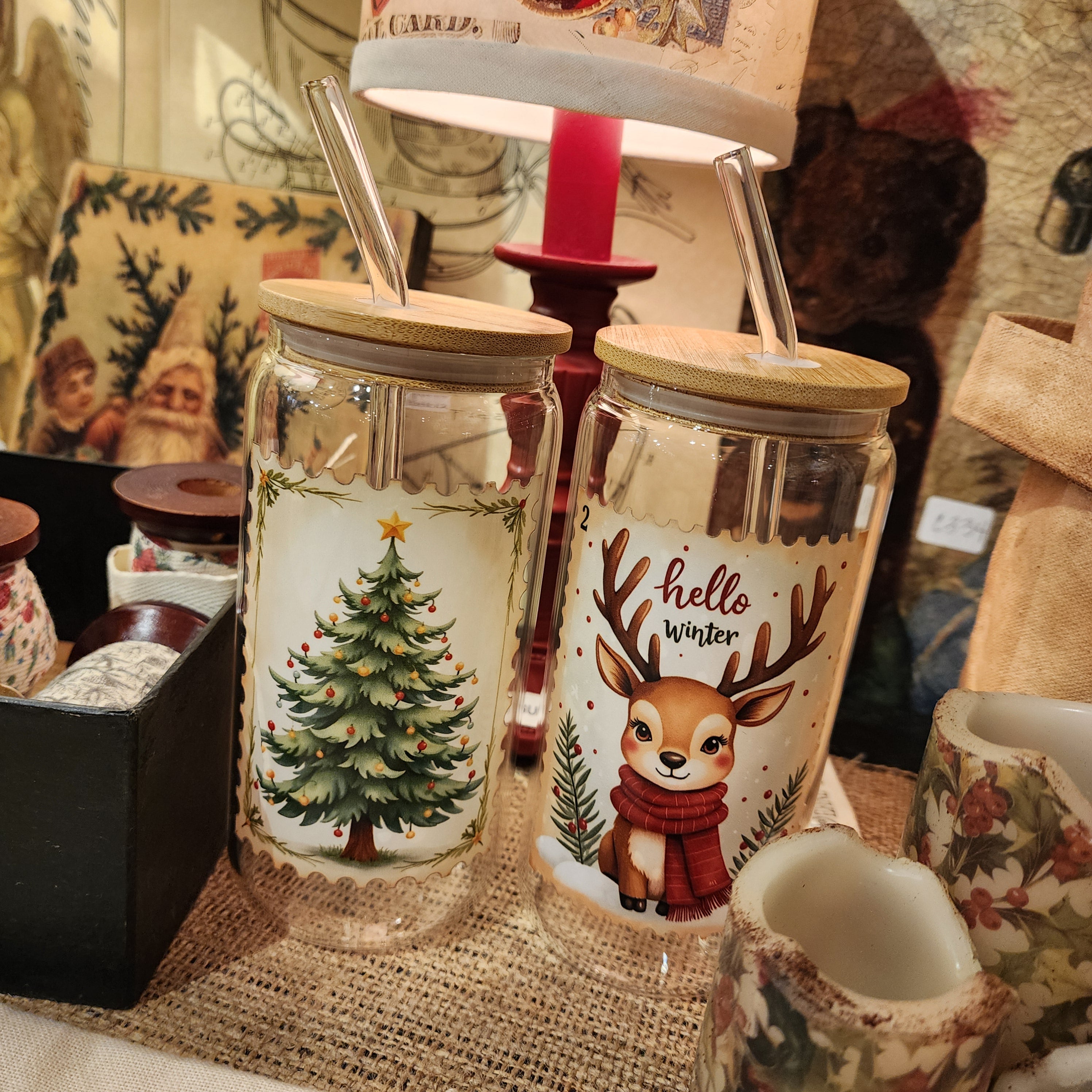 16oz Hello Winter Deer Glass Can Cup