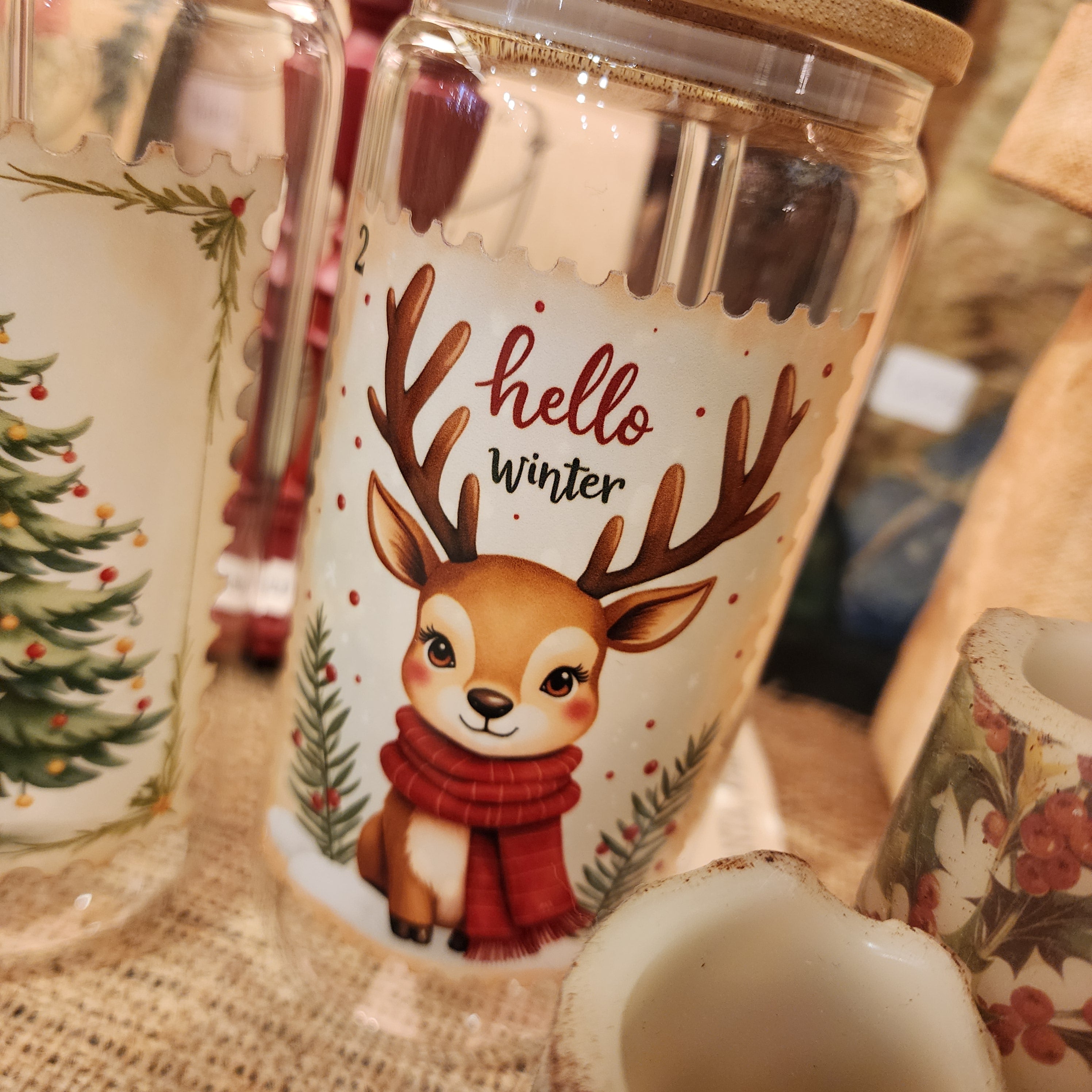 16oz Hello Winter Deer Glass Can Cup