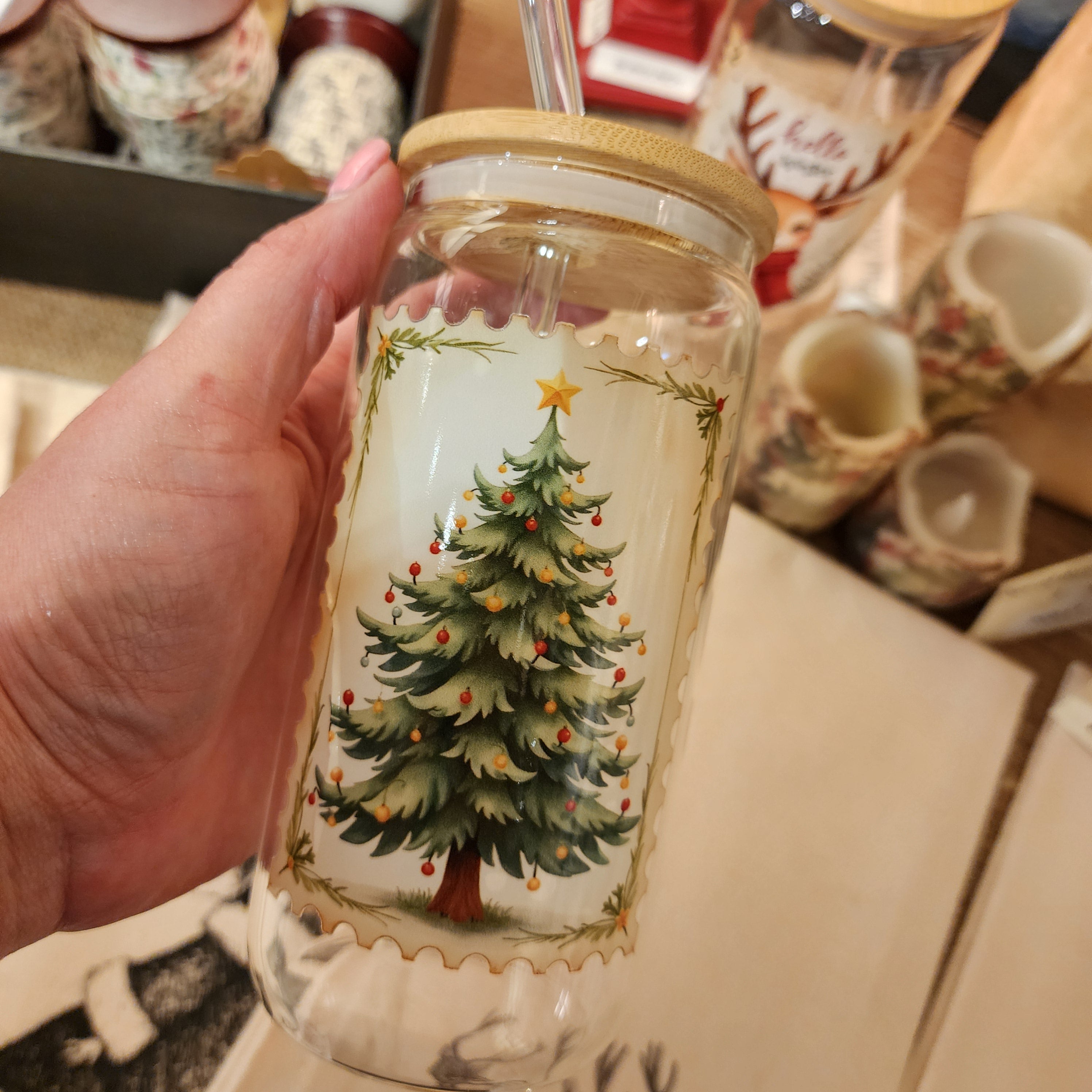 16oz Christmas Tree Stamp Glass Can Cup