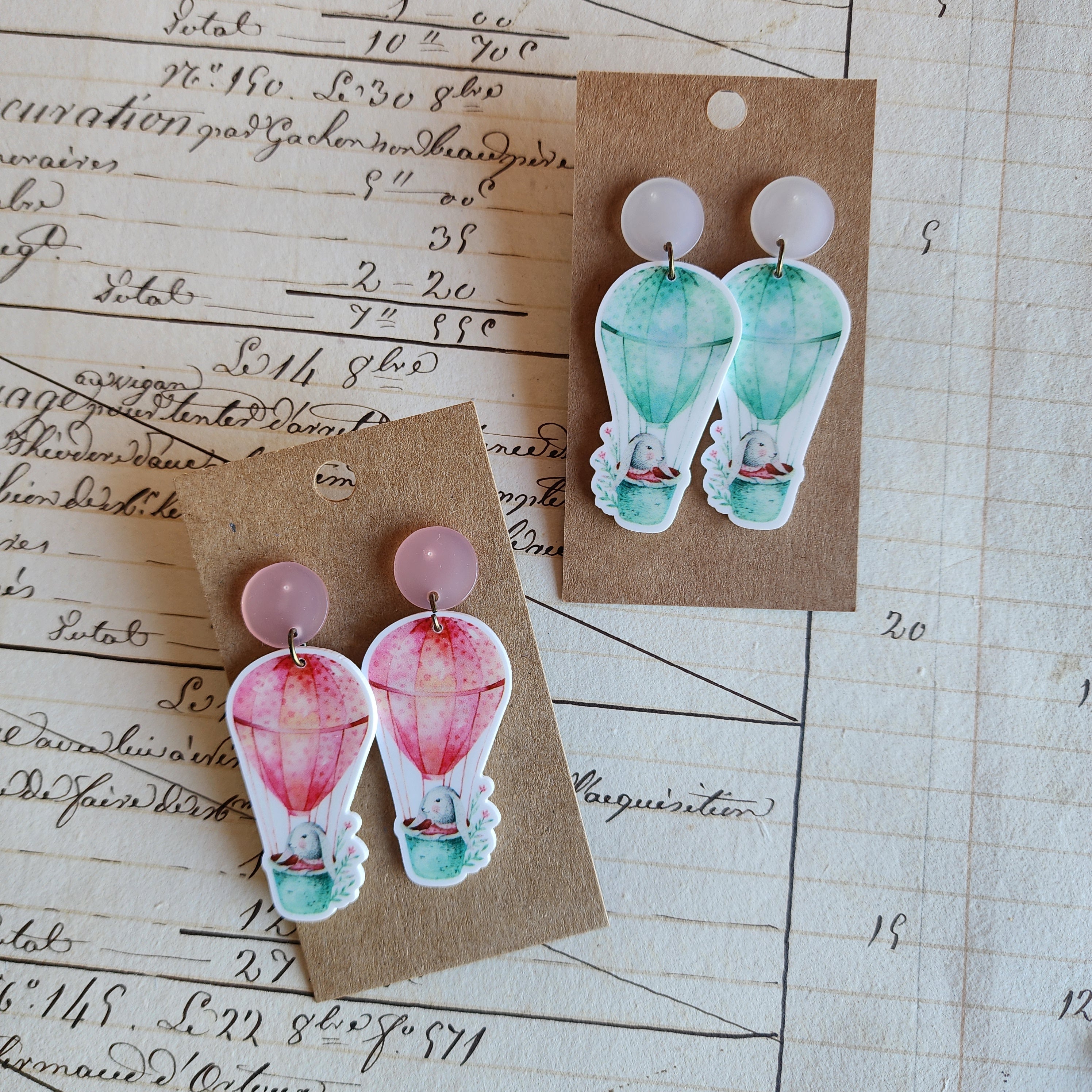 Teal Hot Air Balloon Bunny Drop Earrings