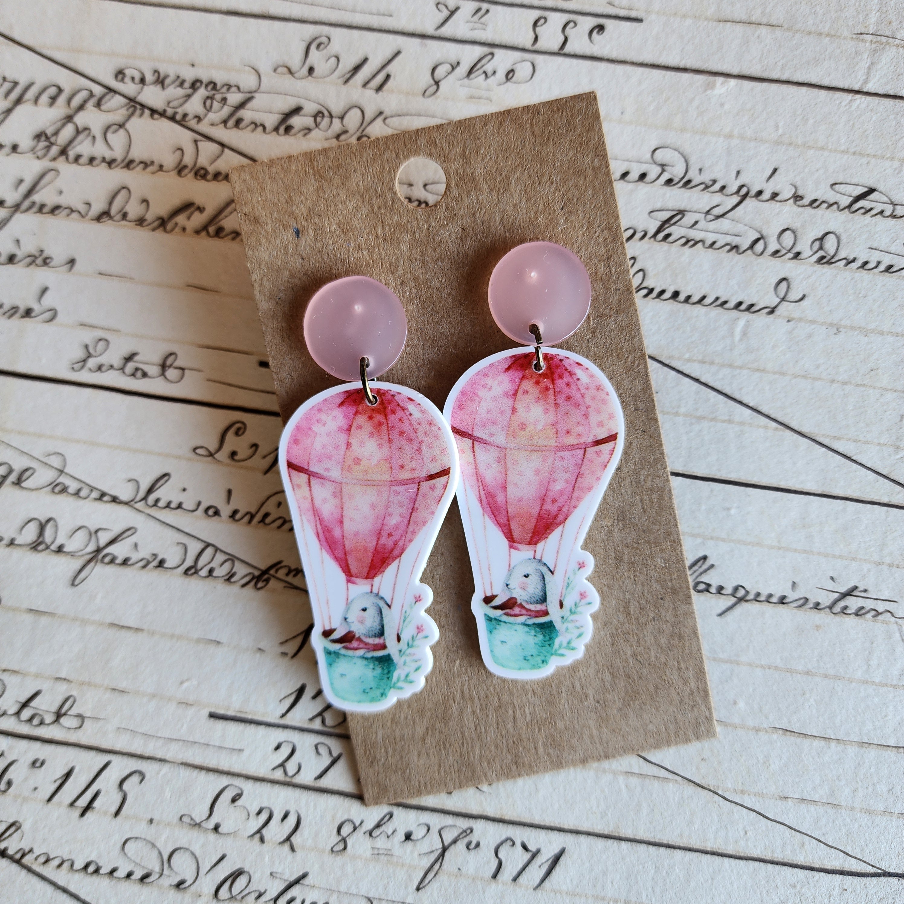 Pink Hot Air Balloon Bunny Drop Earrings