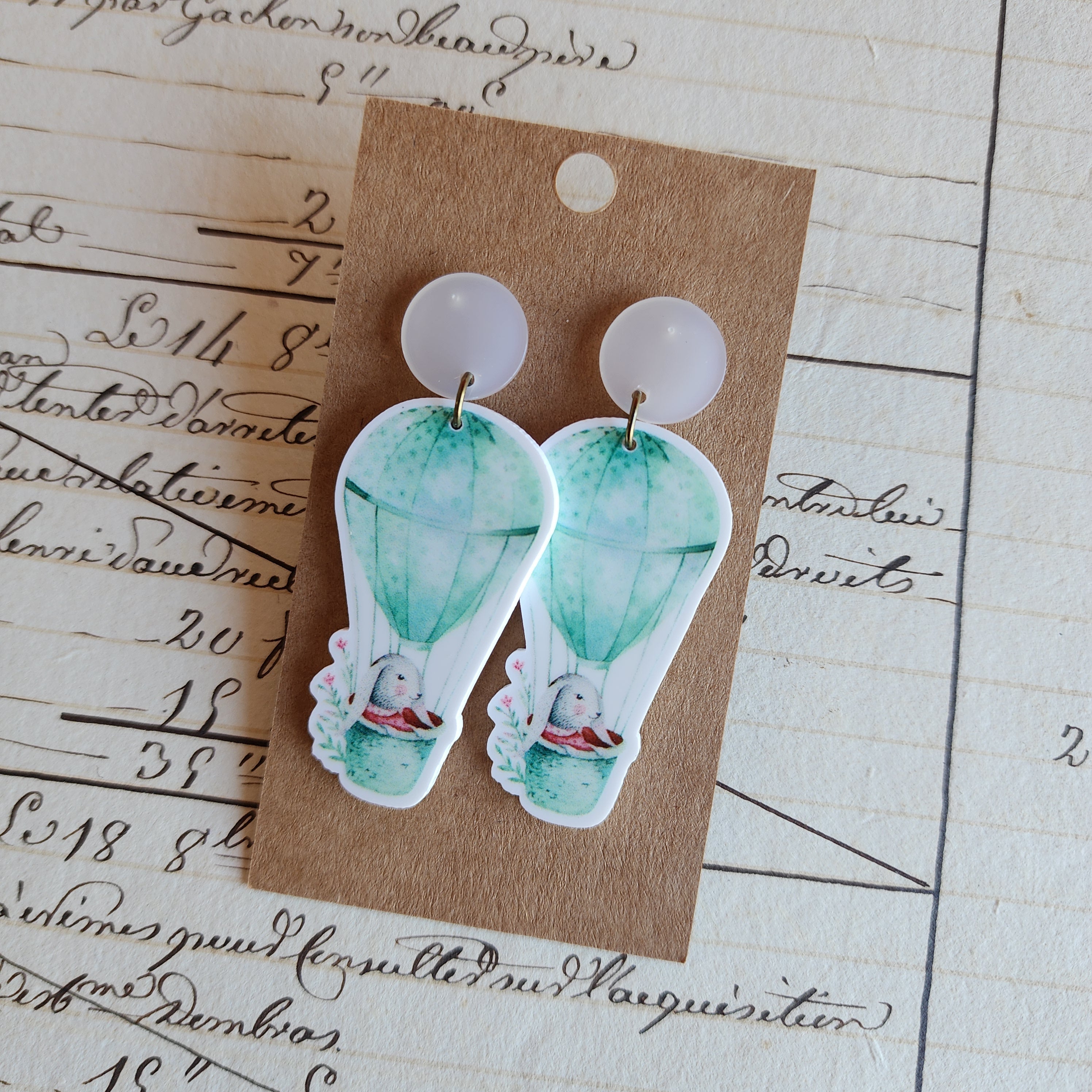 Teal Hot Air Balloon Bunny Drop Earrings