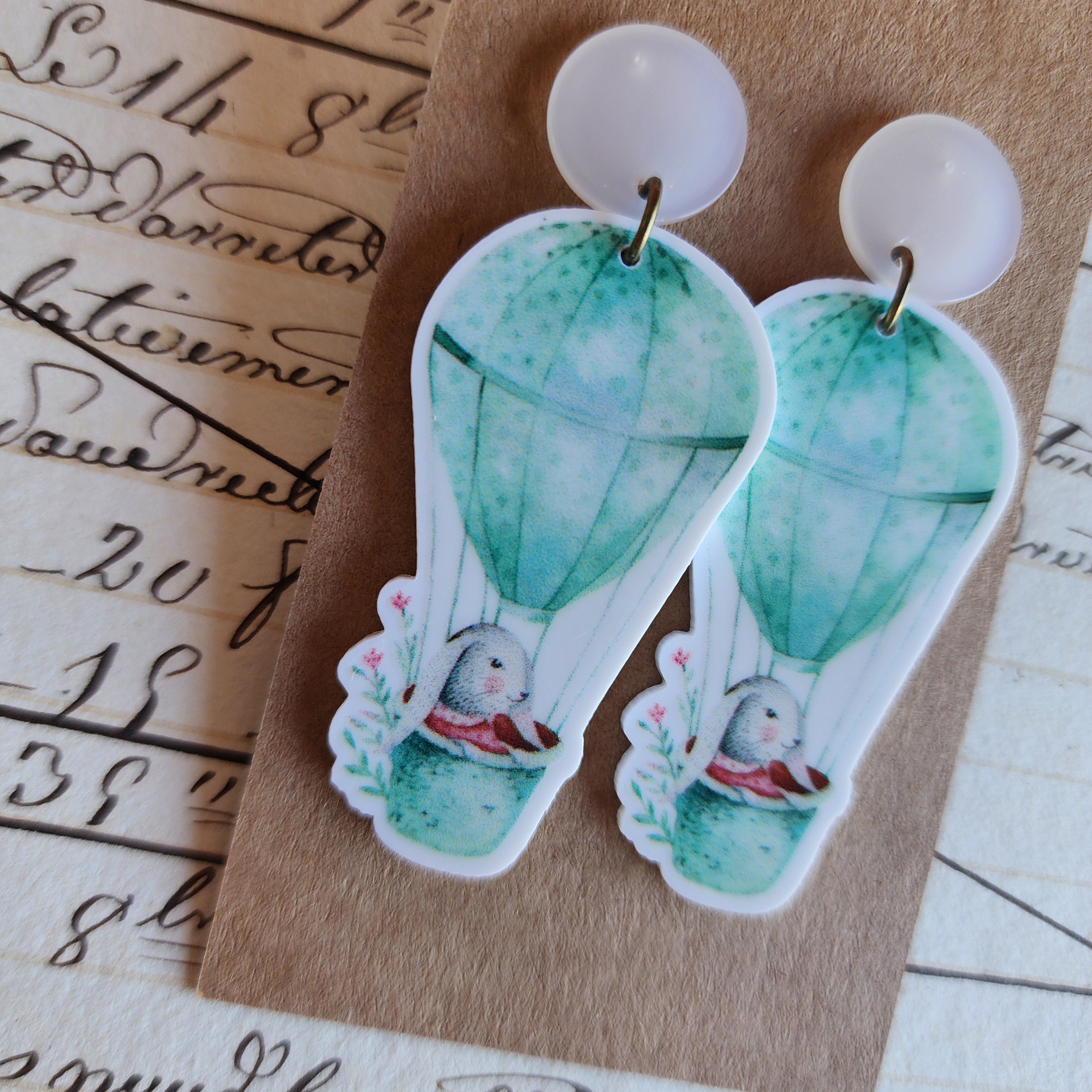Teal Hot Air Balloon Bunny Drop Earrings