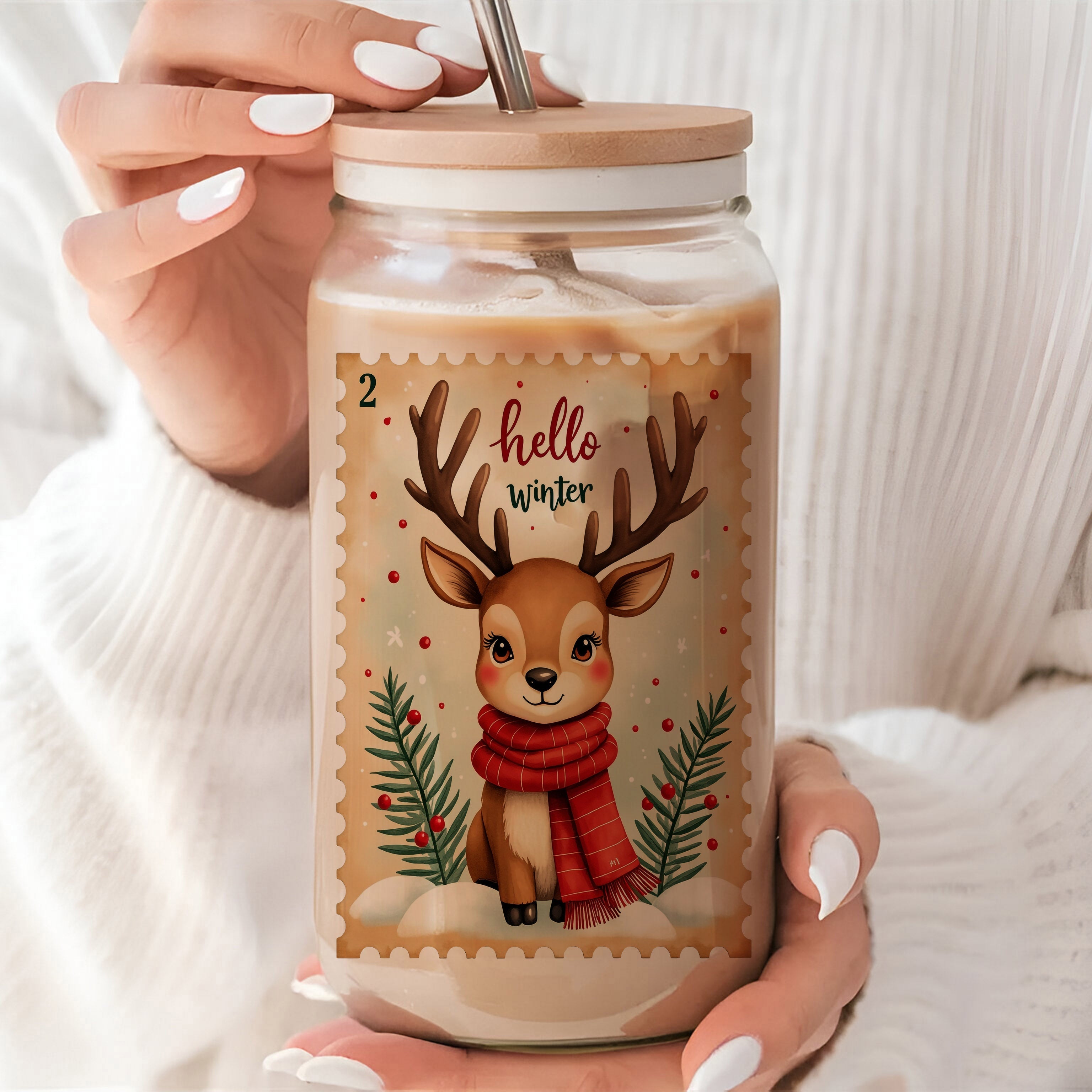 16oz Hello Winter Deer Glass Can Cup