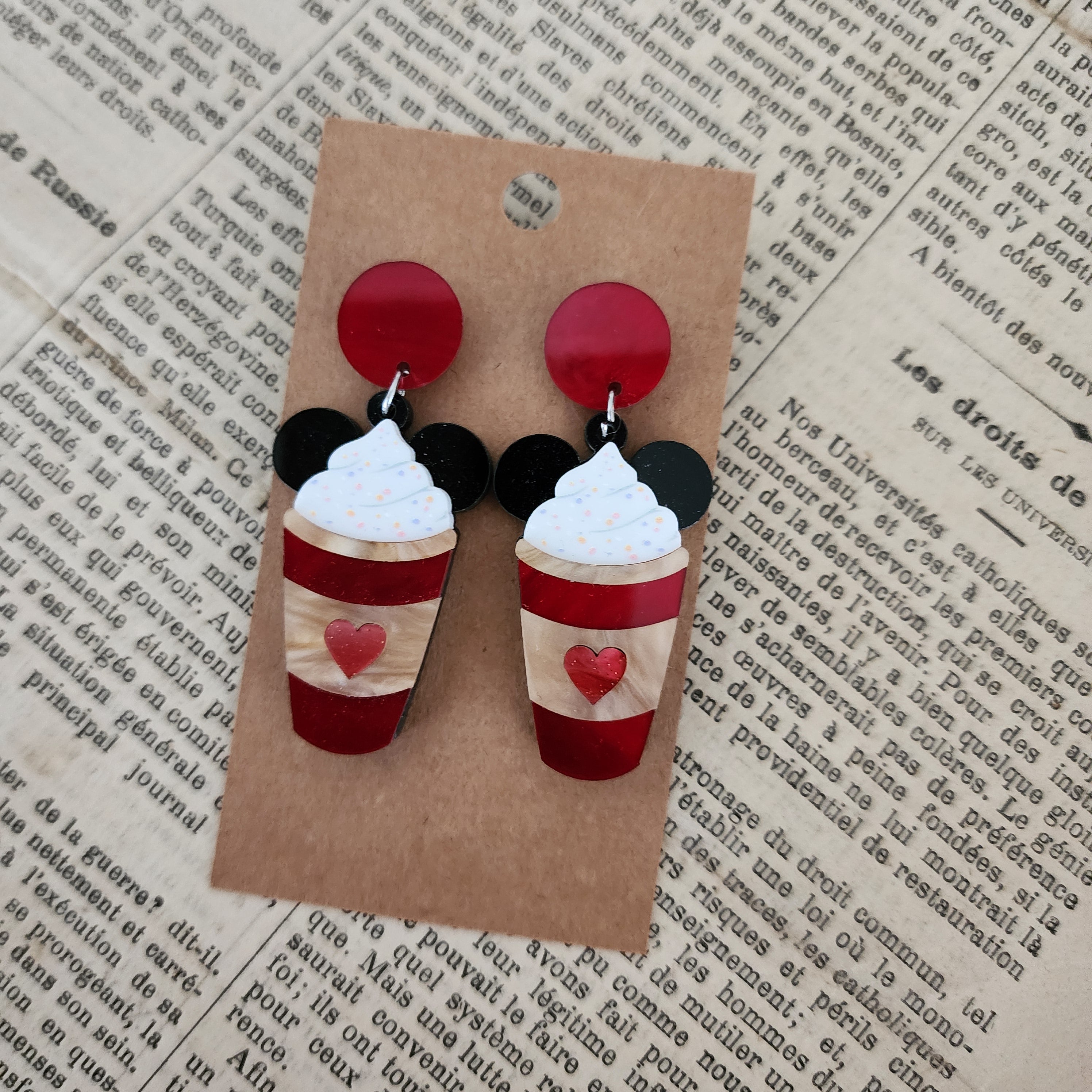 Valentines Day Mouse Coffee Drop Earrings