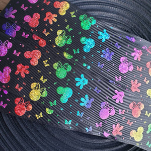 1.5" Black Rainbow Glitter Minnie Printed Grosgrain Ribbon