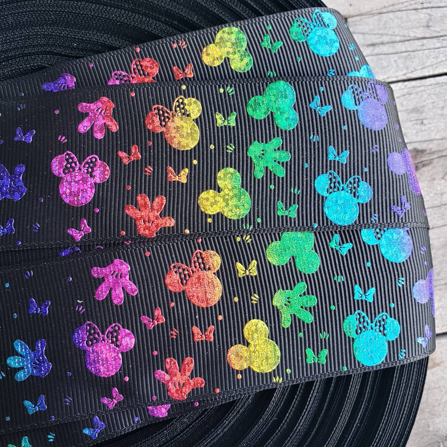 1.5" Black Rainbow Glitter Minnie Printed Grosgrain Ribbon