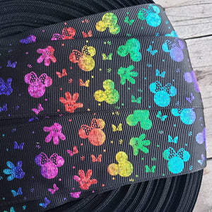 1.5" Black Rainbow Glitter Minnie Printed Grosgrain Ribbon