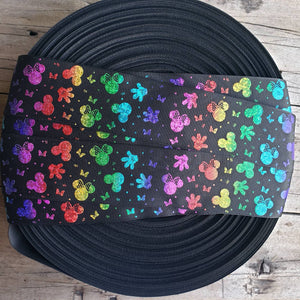 1.5" Black Rainbow Glitter Minnie Printed Grosgrain Ribbon
