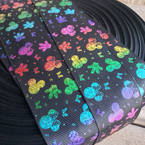 1.5" Black Rainbow Glitter Minnie Printed Grosgrain Ribbon