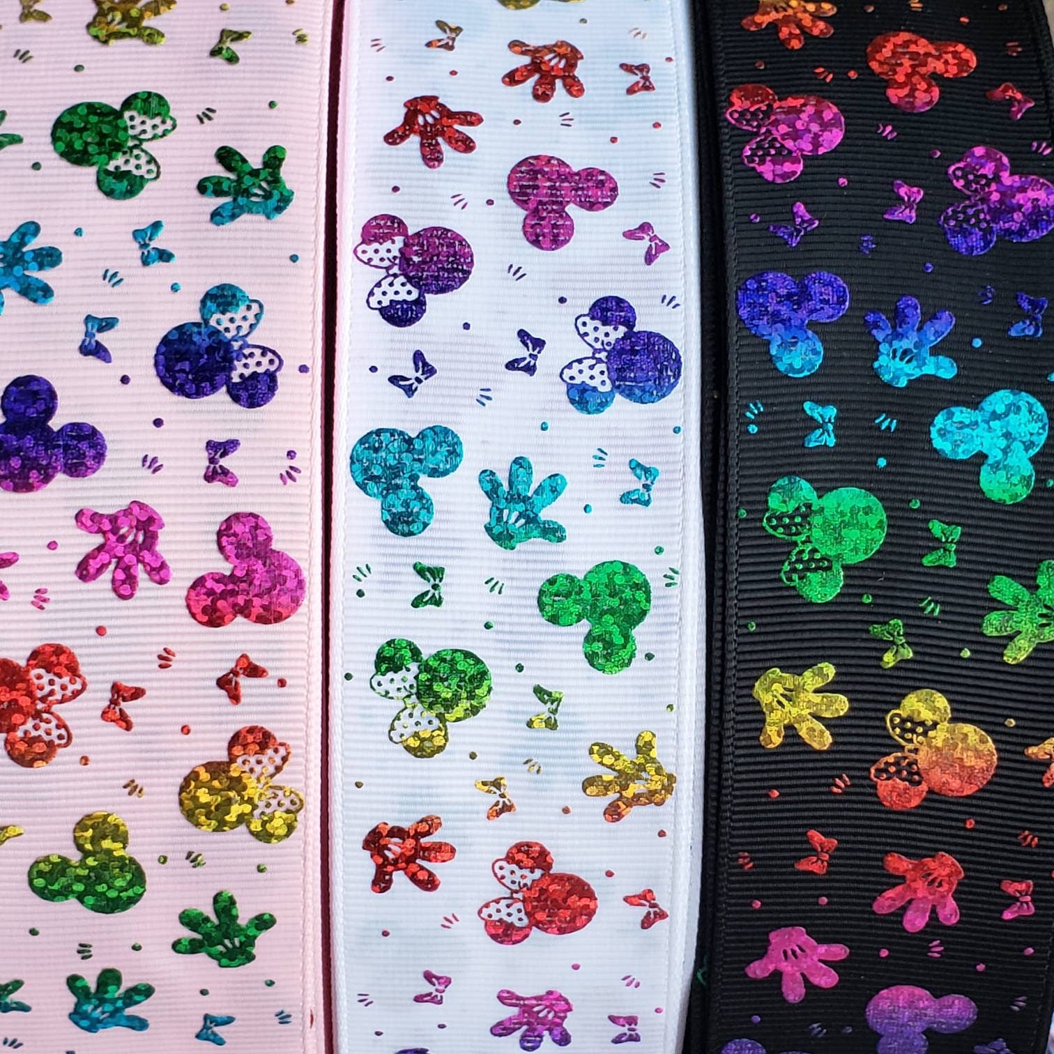 1.5" Black Rainbow Glitter Minnie Printed Grosgrain Ribbon