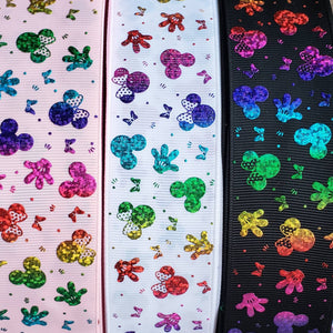 1.5" Black Rainbow Glitter Minnie Printed Grosgrain Ribbon